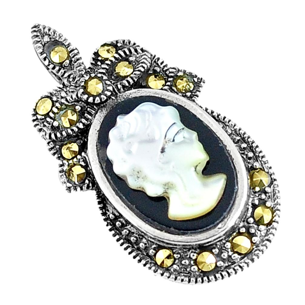 4.89cts natural black onyx pearl cameo face 925 sterling silver pendant a93483