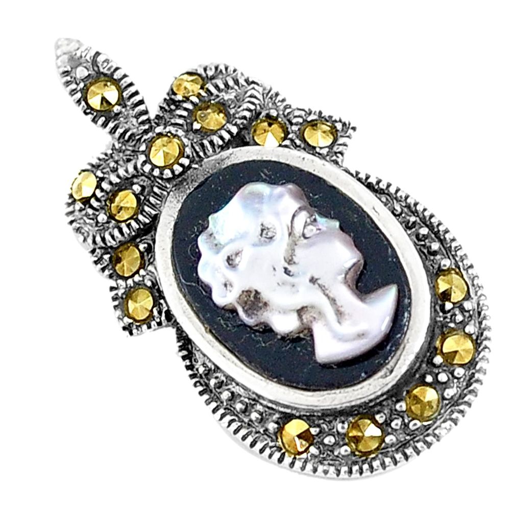 925 sterling silver 4.62cts natural black onyx pearl cameo face pendant a93484