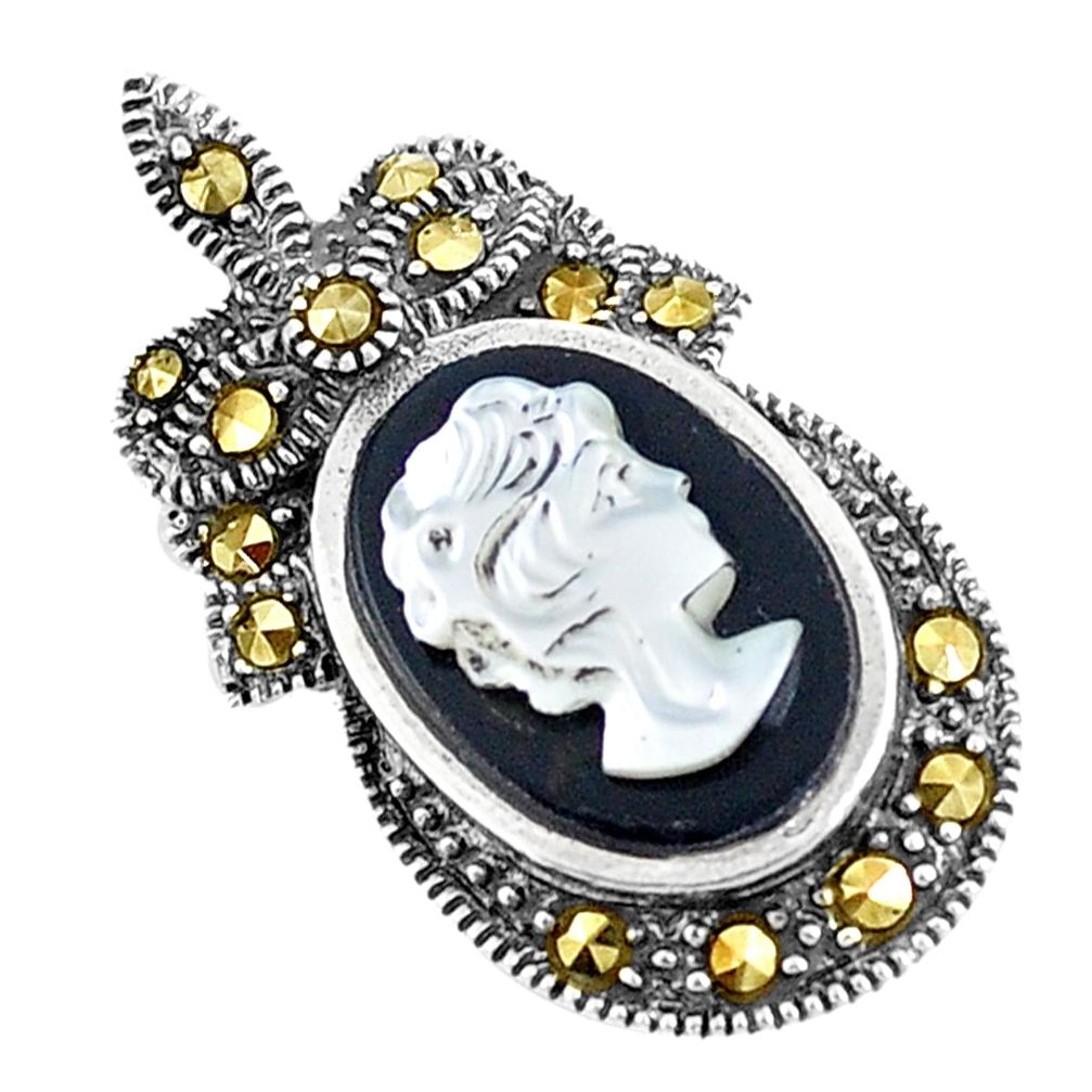 5.22cts natural black onyx pearl cameo face 925 sterling silver pendant a93485