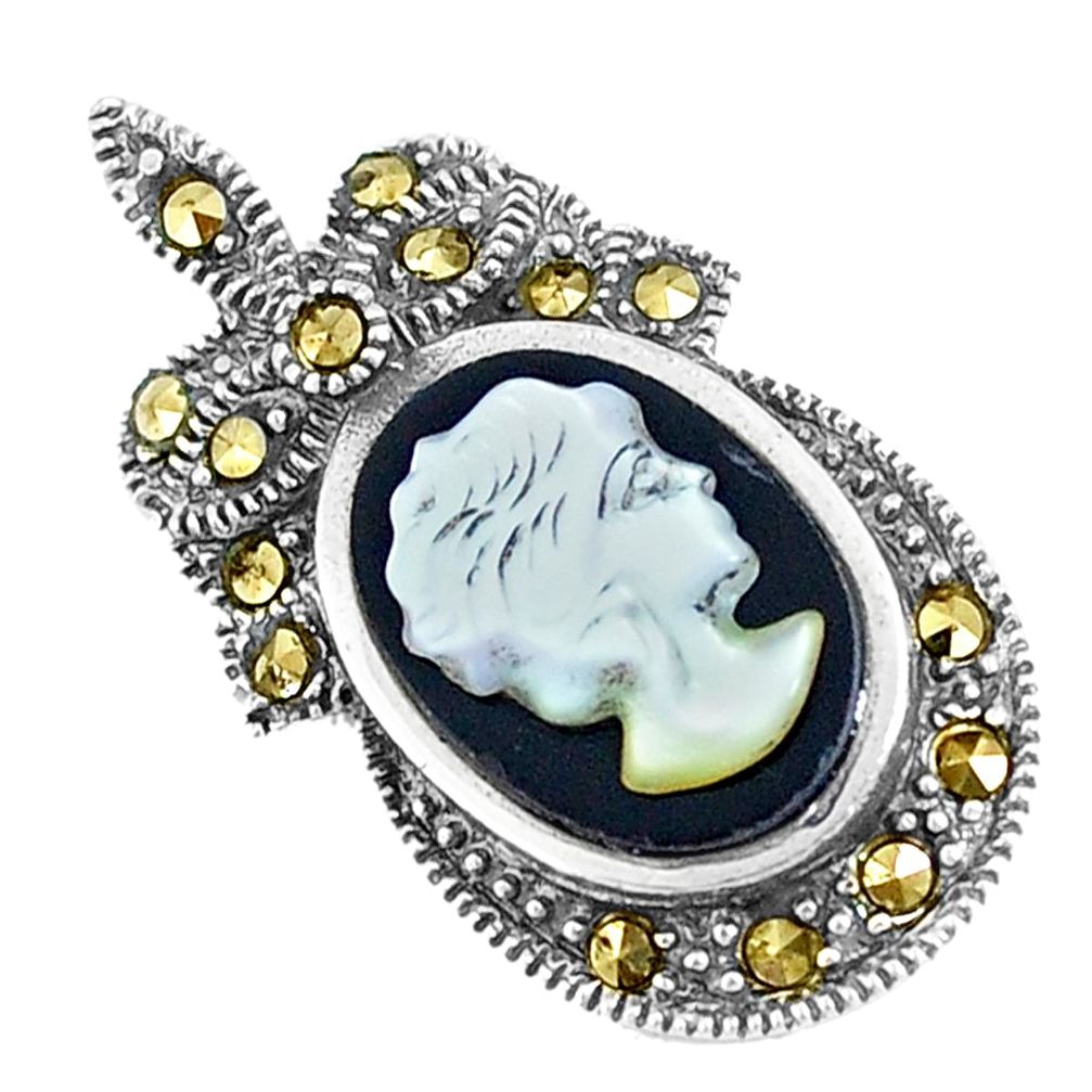 5.19cts natural black onyx pearl cameo face 925 sterling silver pendant a93486