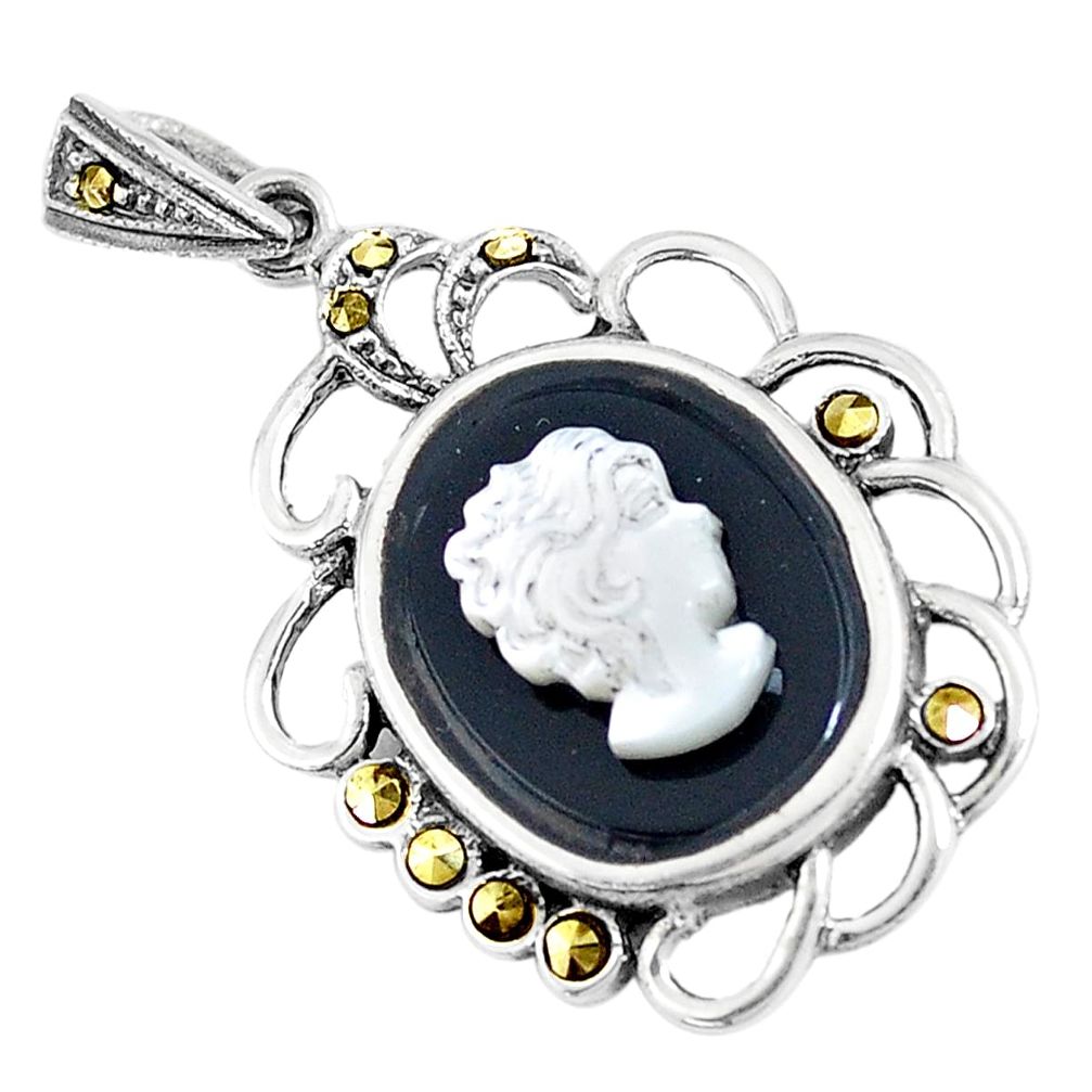 8.03cts natural black onyx pearl cameo face 925 sterling silver pendant a93488