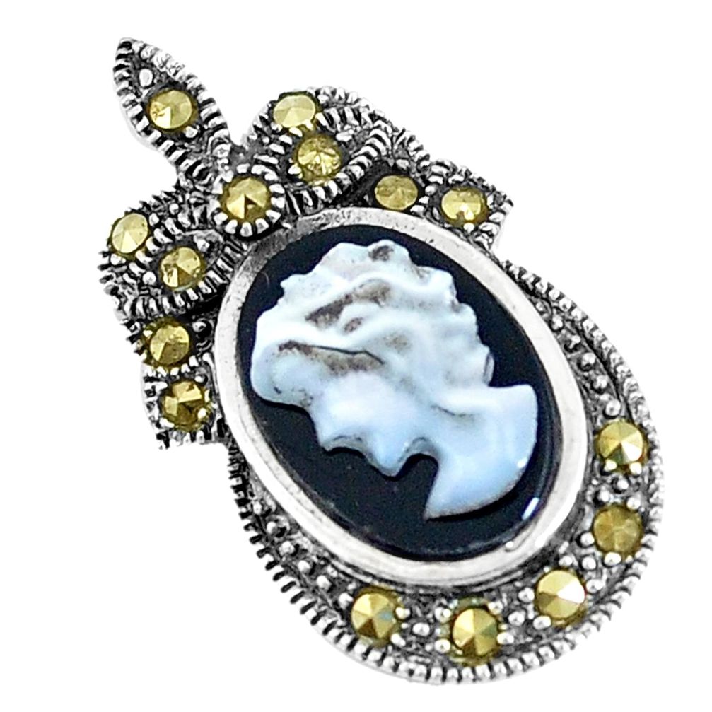 925 sterling silver 4.24cts natural black onyx pearl cameo face pendant a93490