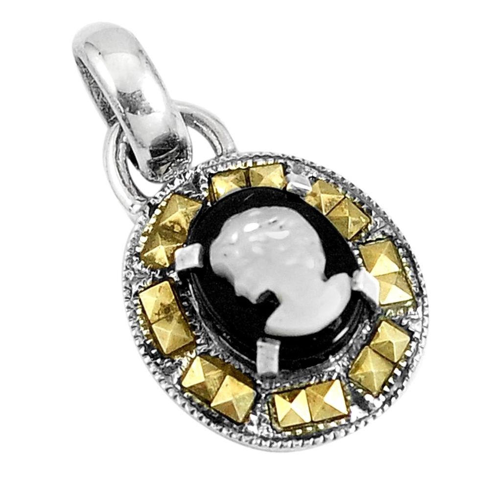 4.43cts natural black onyx pearl cameo face 925 silver pendant jewelry a93491