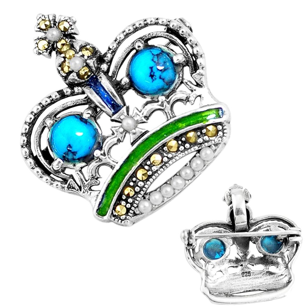 3.61cts fine blue turquoise pearl enamel 925 silver crown brooch pendant a93495