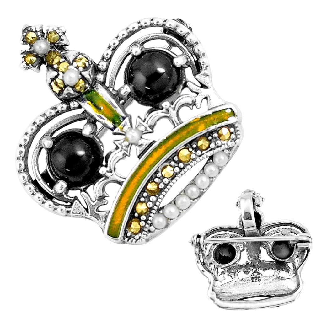 925 silver 3.61cts natural black onyx pearl enamel crown brooch pendant a93497