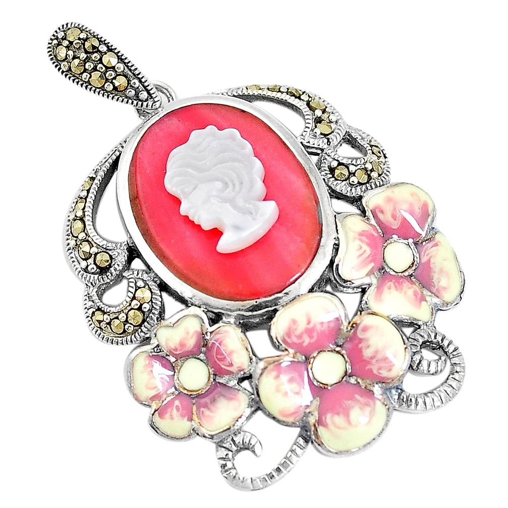 6.15cts natural pink opal pearl enamel 925 silver lady face pendant a93727