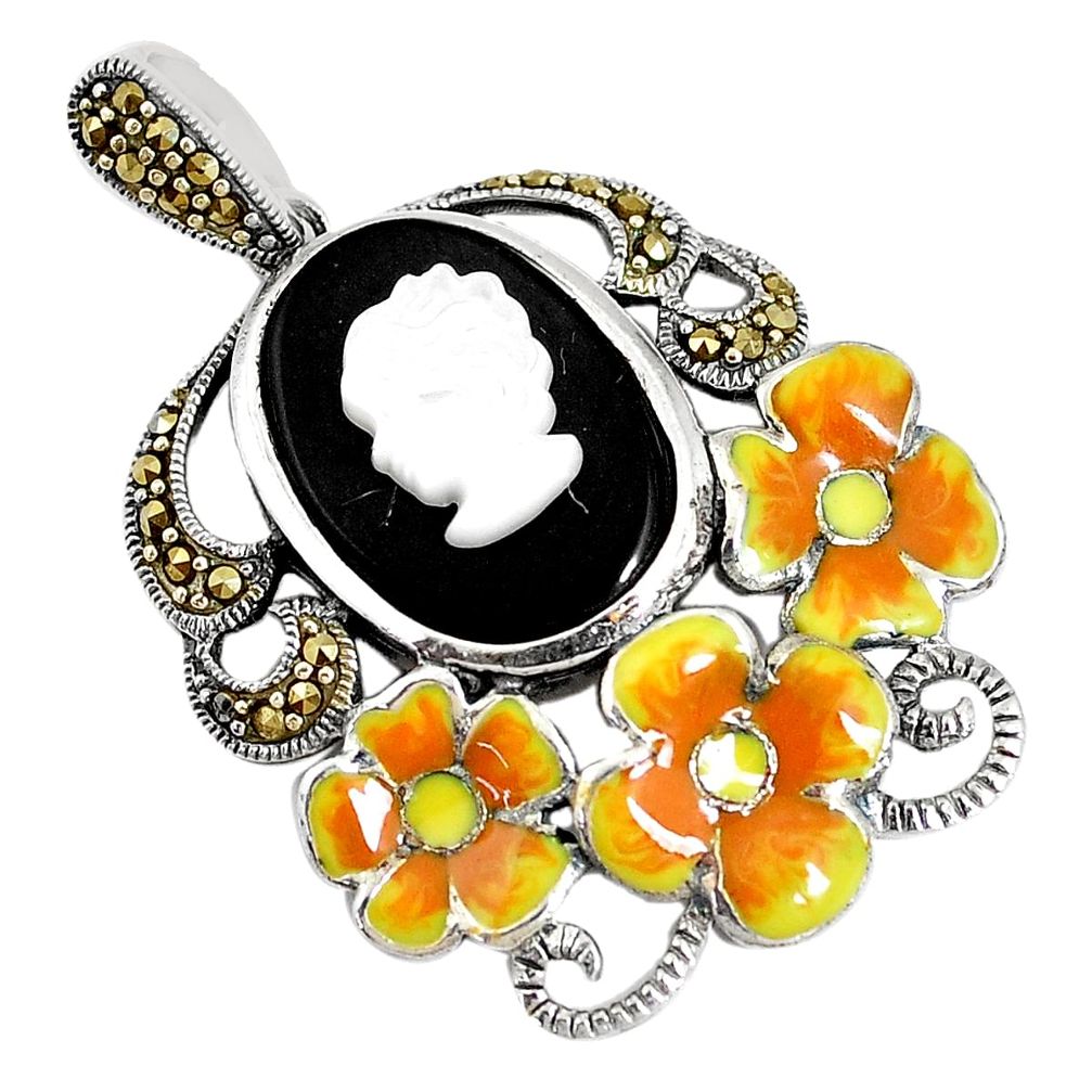 925 silver 10.46cts natural black onyx pearl enamel lady face pendant a93905