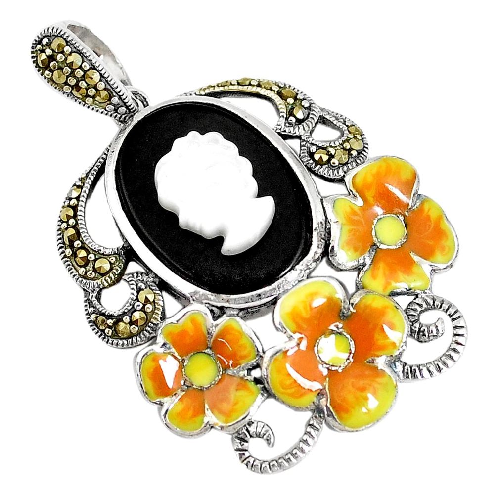 925 silver 10.89cts natural black onyx pearl enamel lady face pendant a93917