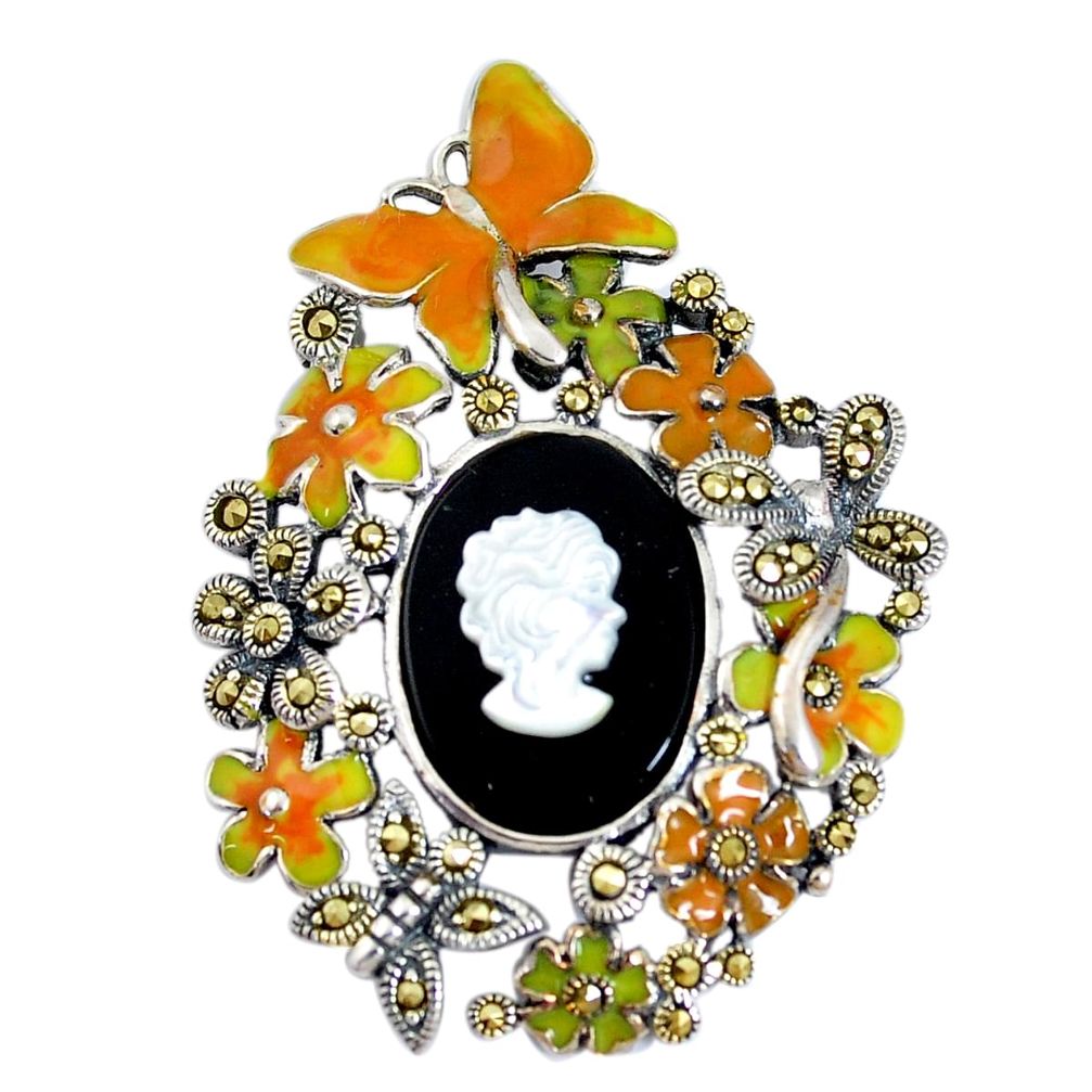 10.16cts natural black onyx pearl enamel 925 sterling silver pendant a93927