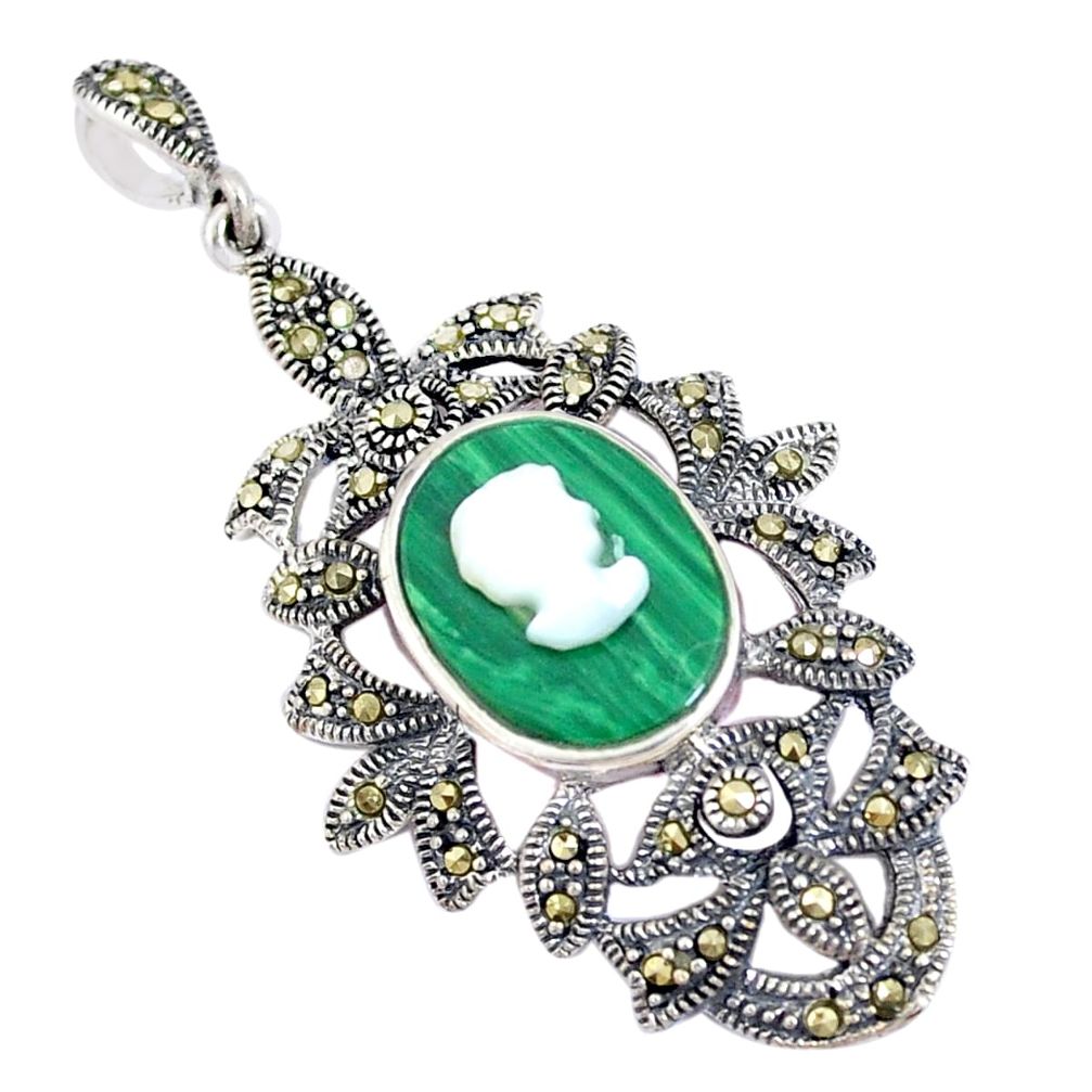 Natural green malachite (pilot's stone) pearl lady face silver pendant a94334