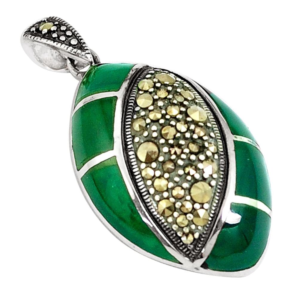 925 sterling silver 7.04cts natural green chalcedony marcasite pendant a94369