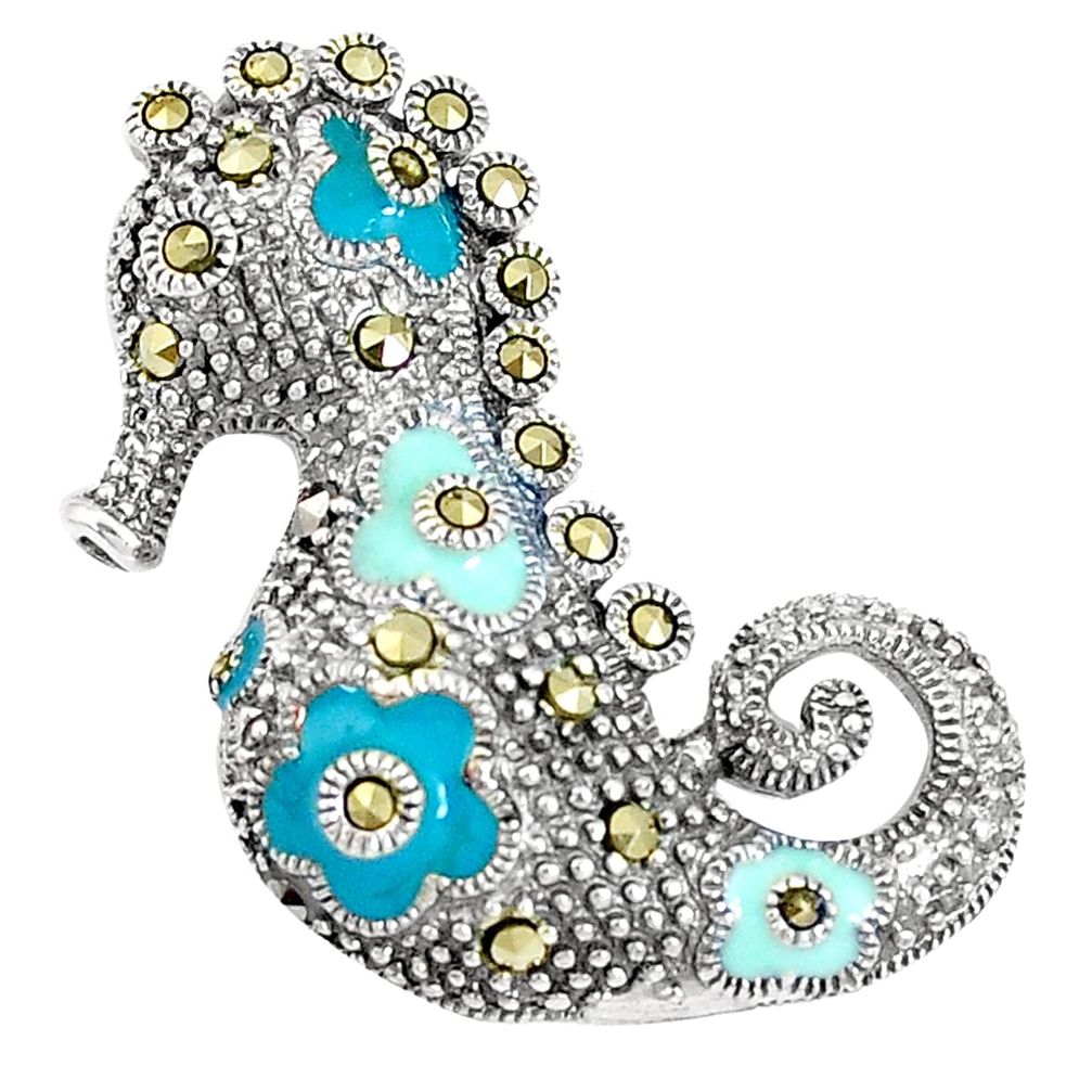 925 sterling silver 7.02gms swiss marcasite enamel seahorse pendant a94419