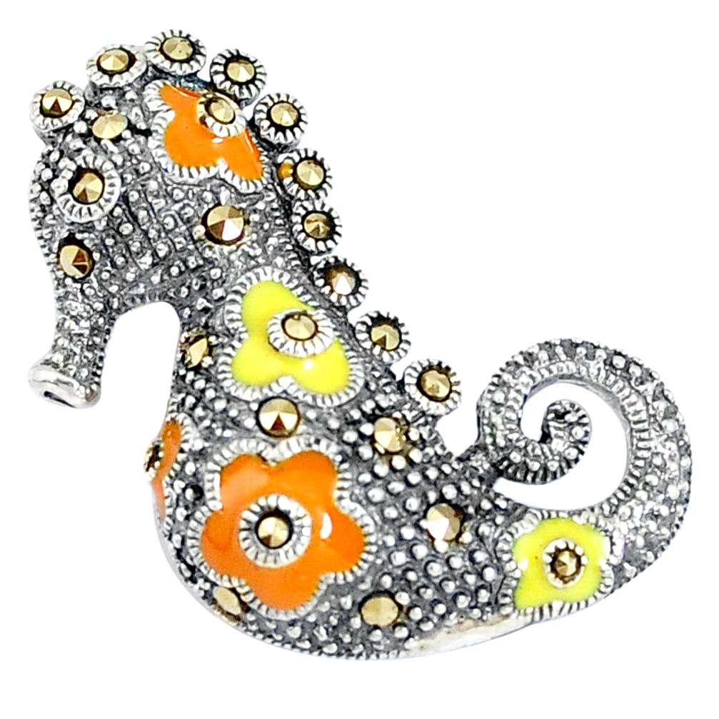 925 sterling silver 8.48gms fine marcasite enamel seahorse pendant a94435