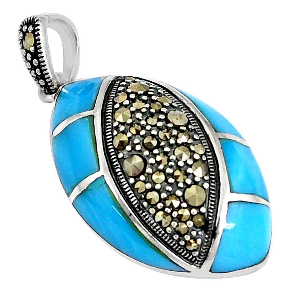 7.33cts blue sleeping beauty turquoise marcasite 925 silver pendant a94460