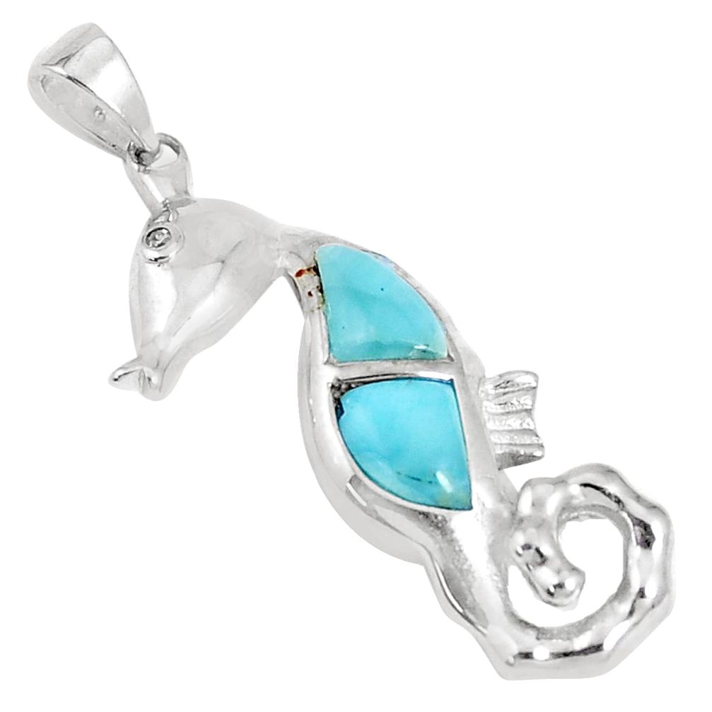 4.11cts natural blue larimar topaz 925 sterling silver seahorse pendant a94476