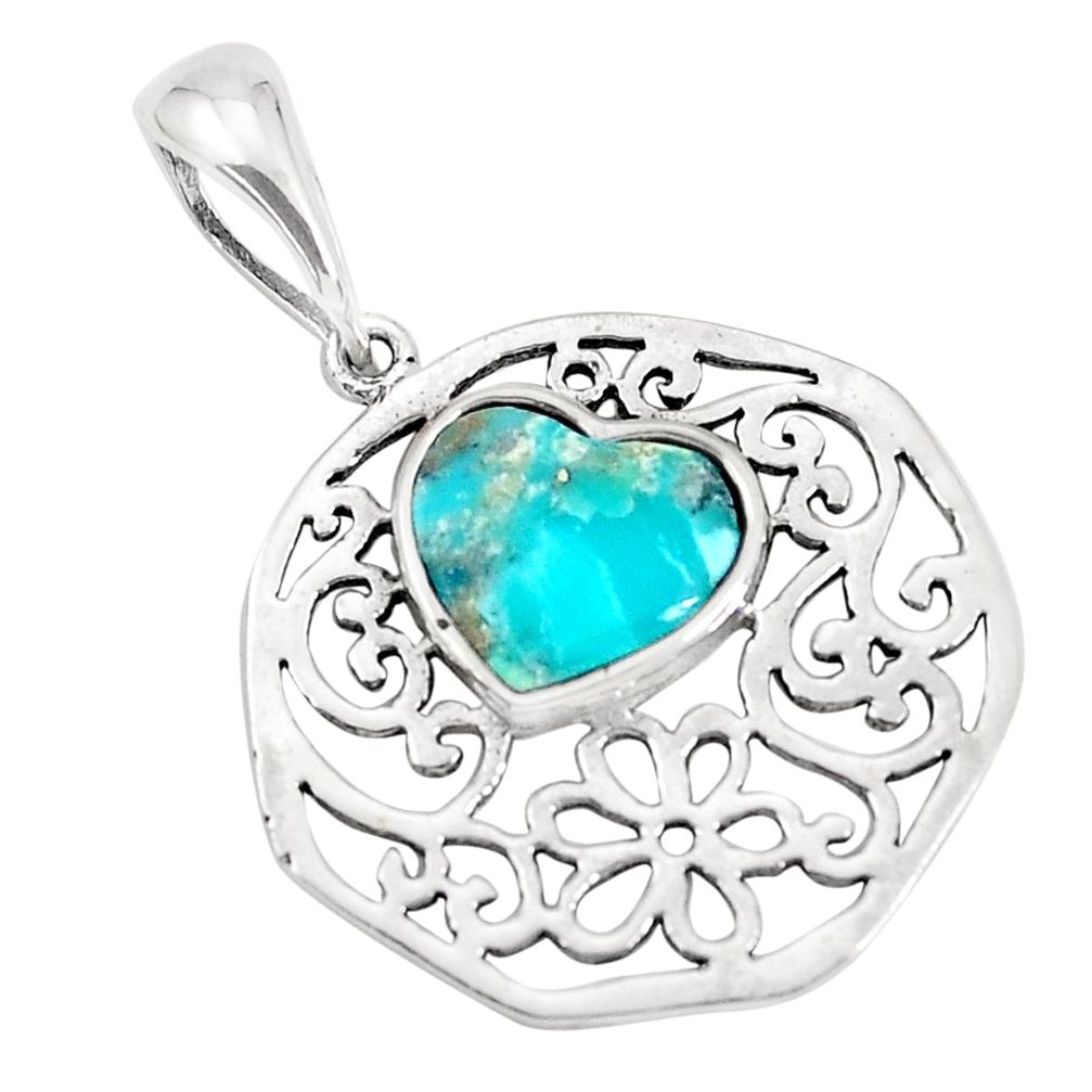 3.11cts natural blue kingman turquoise 925 sterling silver heart pendant a95197