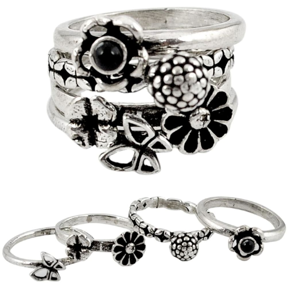 925 sterling silver natural black onyx flower adjustable 4 ring size 5.5 a15675