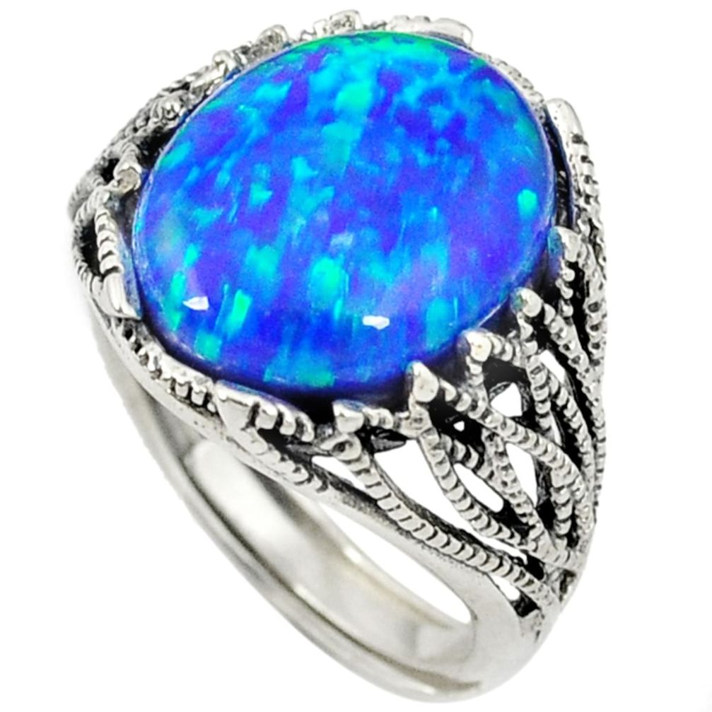 925 silver blue australian opal (lab) oval shape adjustable ring size 6.5 a17420