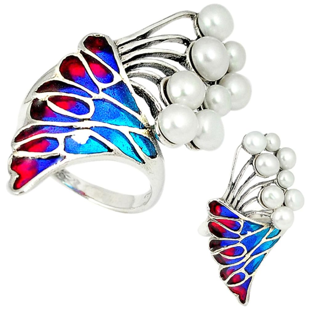 Multi color enamel white pearl 925 sterling silver ring jewelry size 7.5 a19312