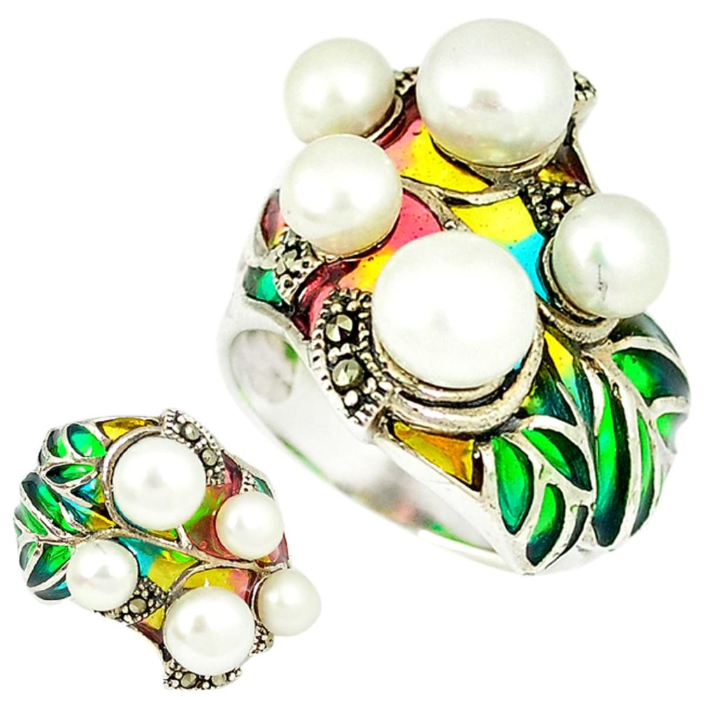 Multi color enamel white pearl marcasite 925 silver ring jewelry size 7.5 a19323