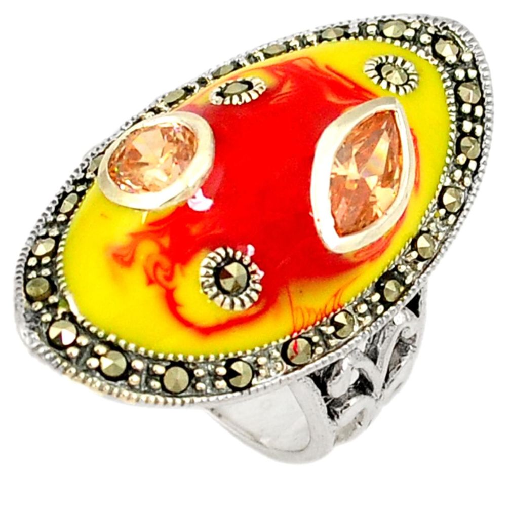 Multi color enamel orange morganite marcasite 925 silver ring size 6 a21265