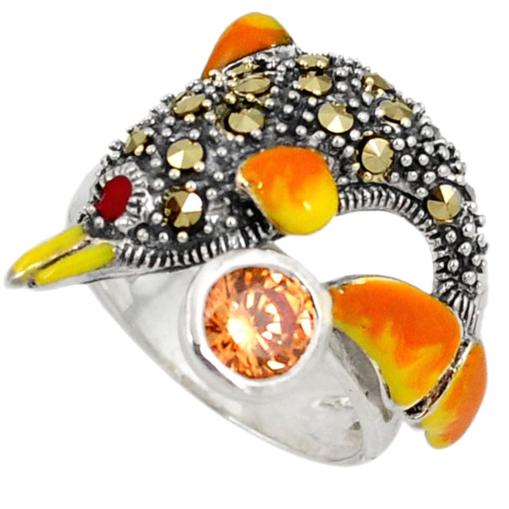 Orange morganite marcasite enamel 925 silver dolphin ring jewelry size 7 a21303