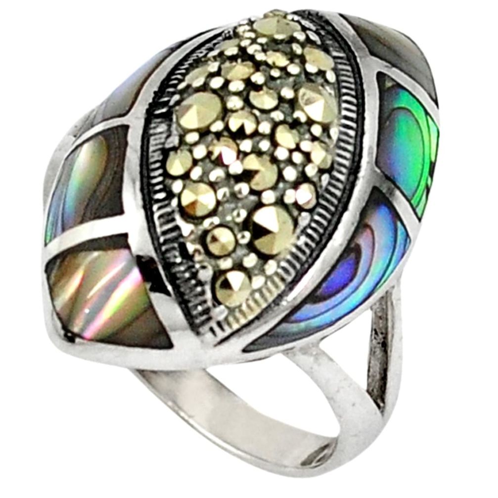 Natural green abalone paua seashell marcasite 925 silver ring size 5.5 a21323