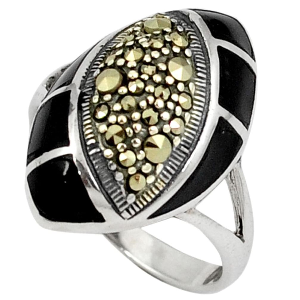 Swiss fine marcasite natural black onyx 925 sterling silver ring size 5.5 a21338