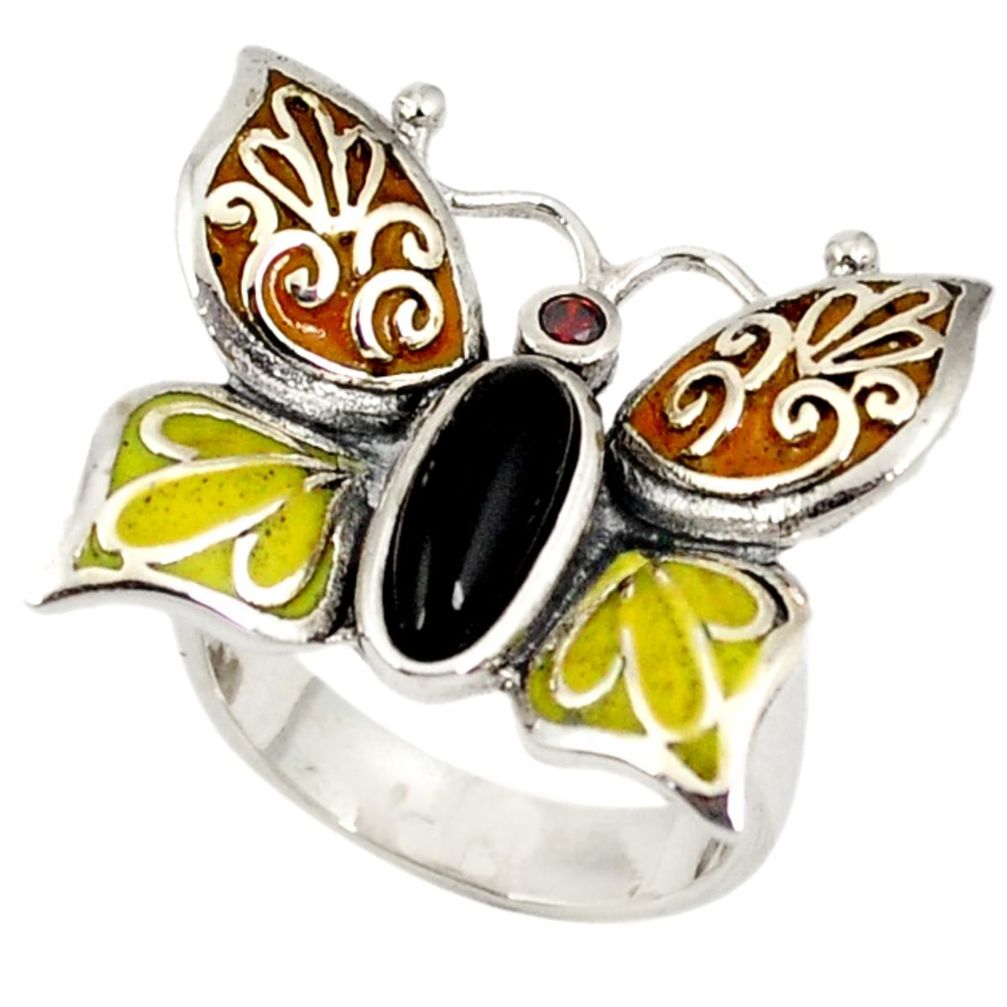 Natural black onyx garnet enamel 925 silver butterfly ring jewelry size 6 a21434
