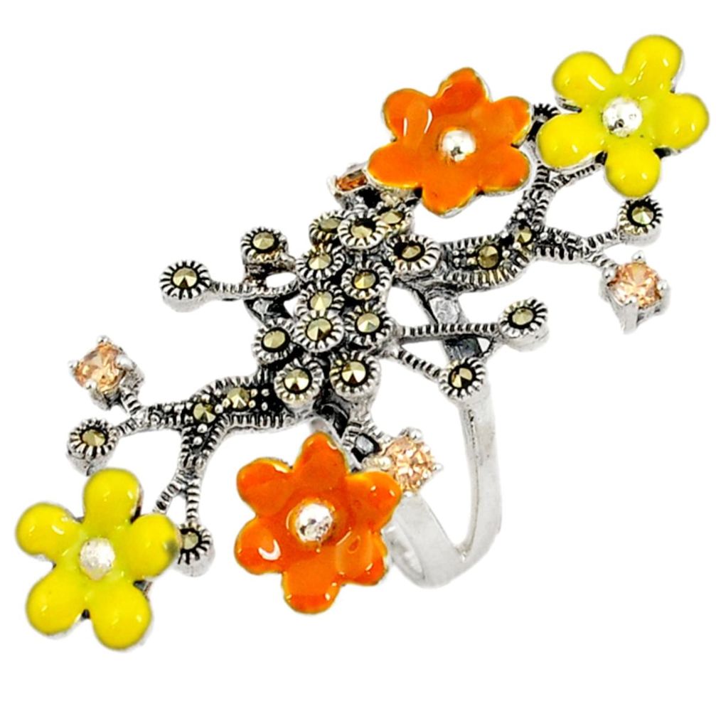 Orange morganite marcasite enamel 925 silver flower ring jewelry size 7.5 a21668