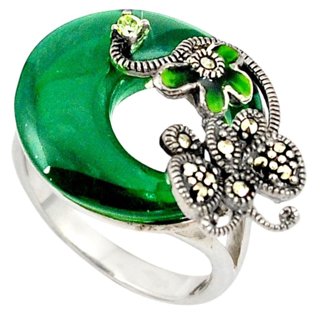 Natural green chalcedony marcasite 925 silver butterfly ring size 6.5 a21729
