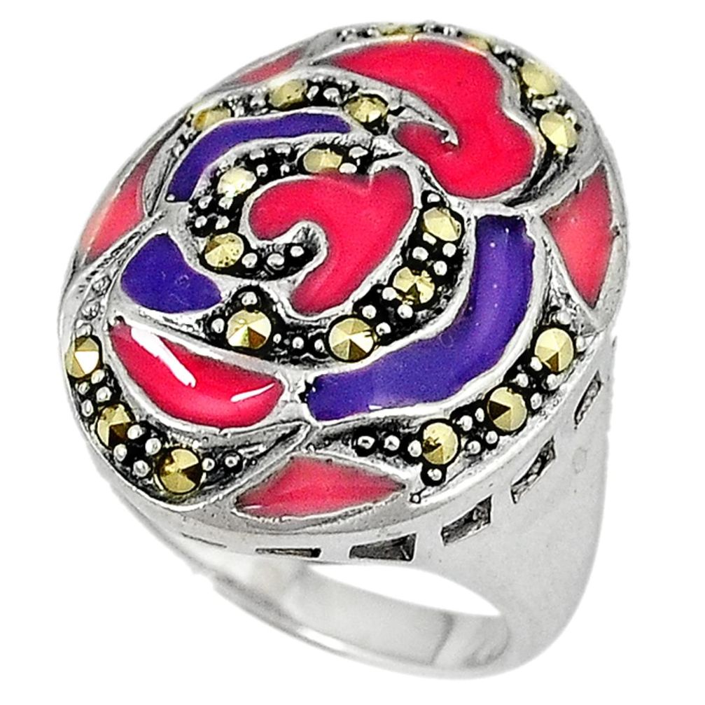 Multi color enamel marcasite 925 sterling silver ring jewelry size 8.5 a24288