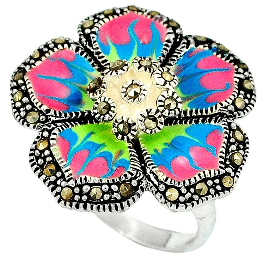 Multi color enamel marcasite 925 sterling silver flower ring size 7 a24305