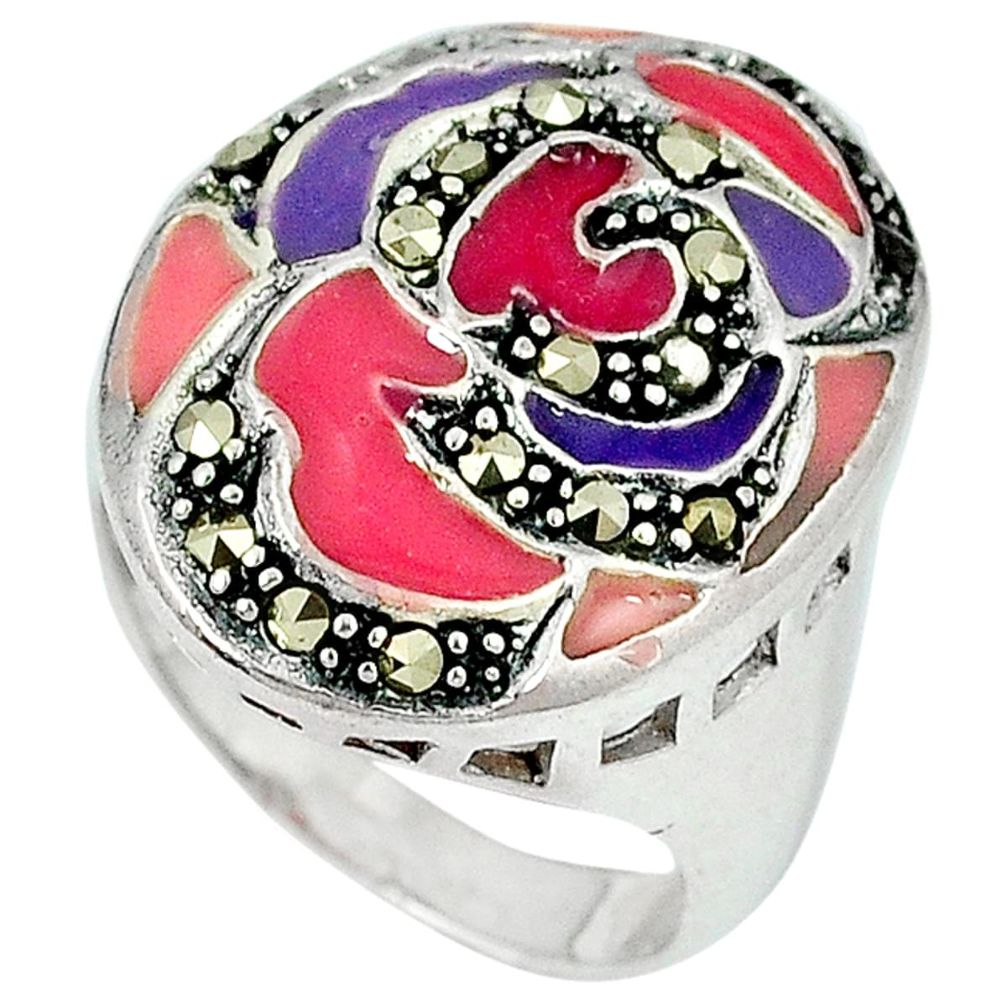 Multi color enamel marcasite 925 sterling silver ring jewelry size 8 a24323