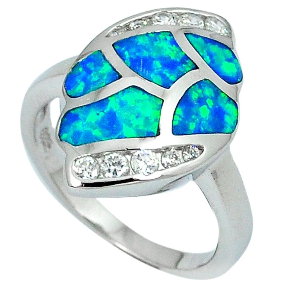 Blue australian opal (lab) white topaz 925 sterling silver ring size 5.5 a24412