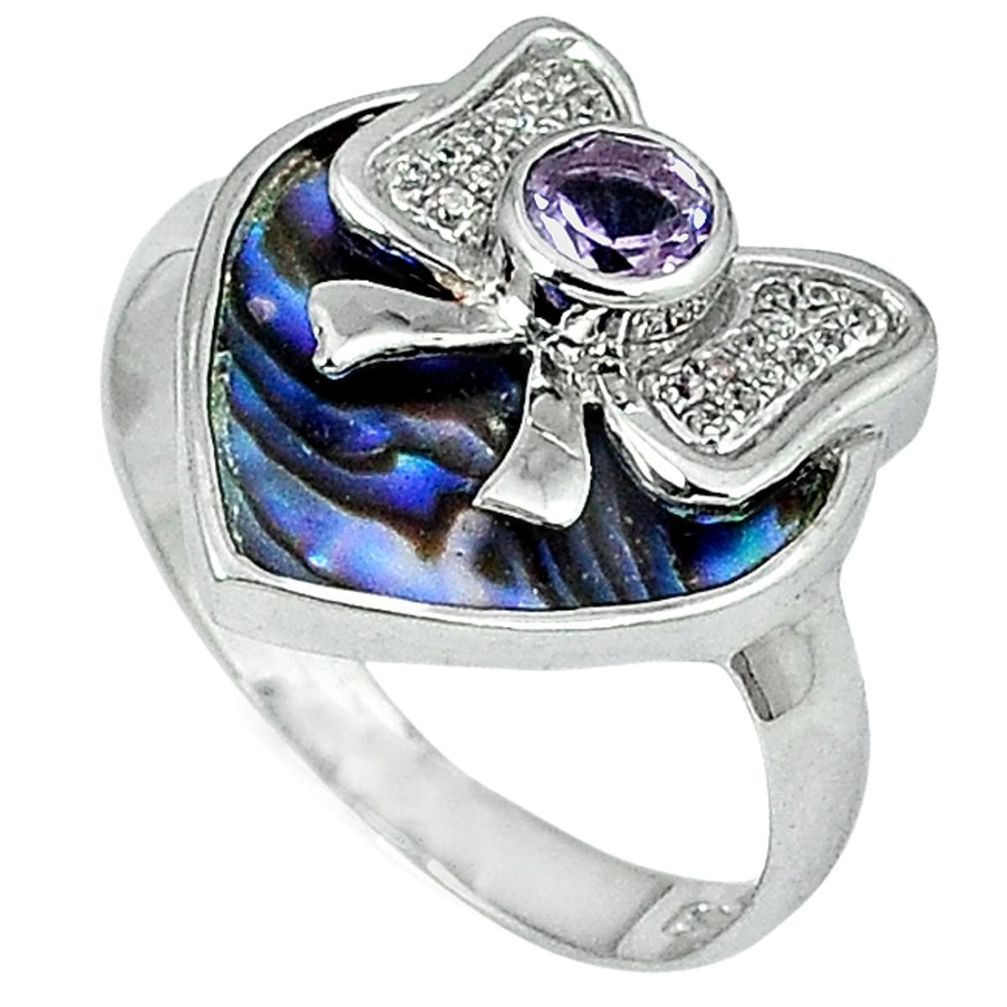 Natural green abalone paua seashell amethyst 925 silver bow ring size 6 a24626