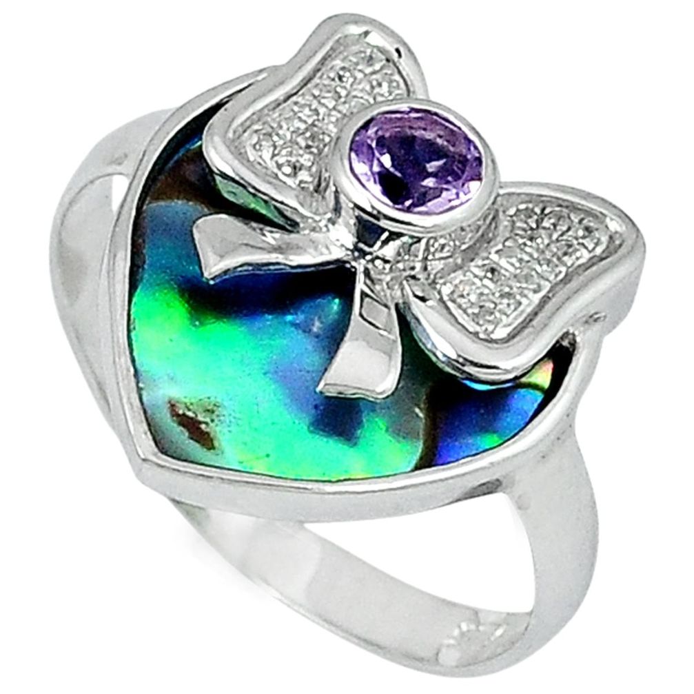 Natural green abalone paua seashell amethyst 925 silver bow ring size 6 a24640