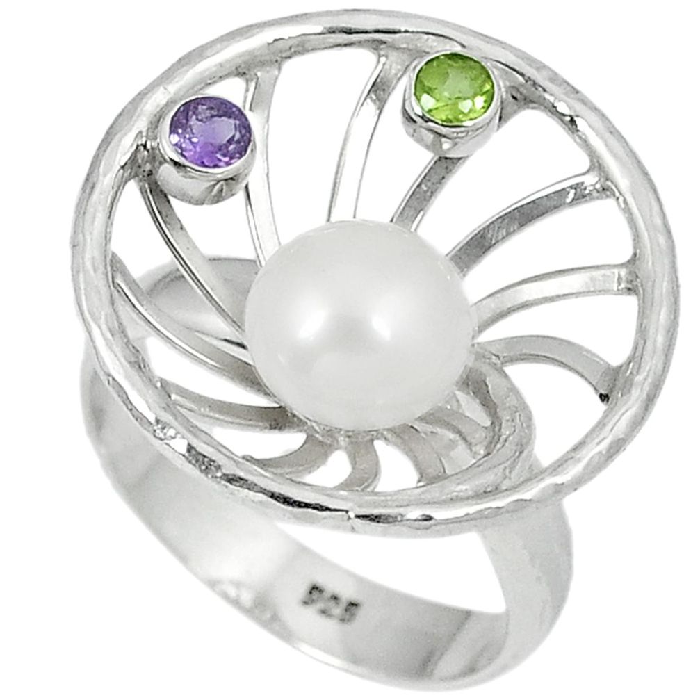 Natural white pearl amethyst peridot 925 sterling silver ring size 6.5 a24650