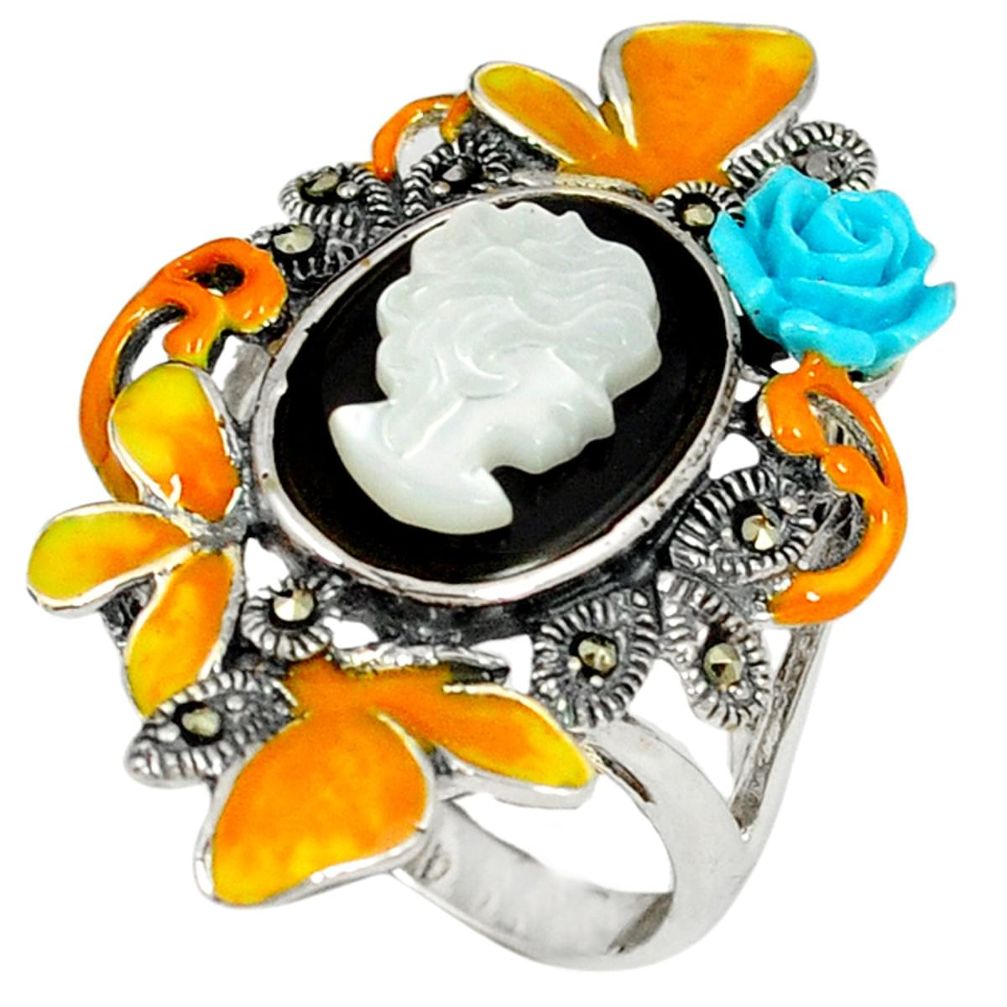 Cameo natural blister pearl onyx enamel 925 silver ring size 6.5 a25194