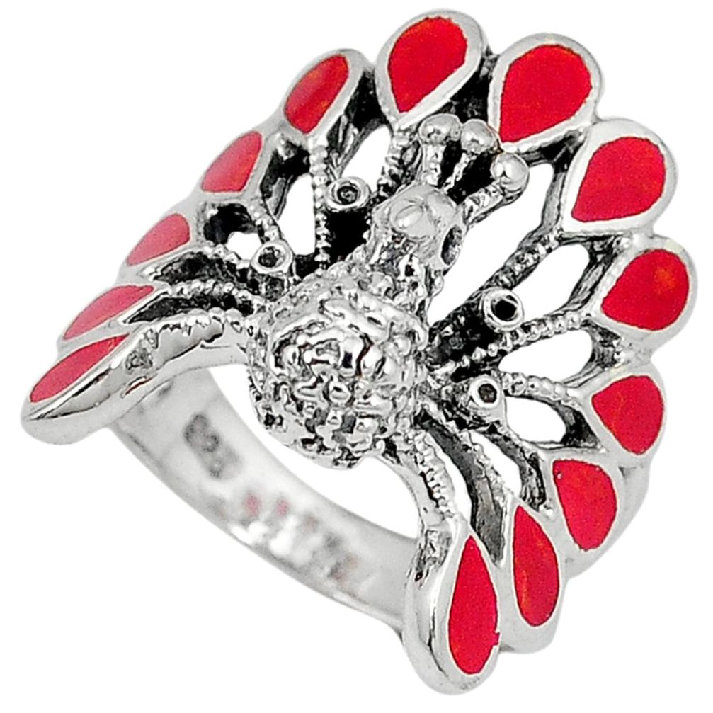 Red sponge coral enamel 925 silver peacock ring jewelry size 6.5 a25834