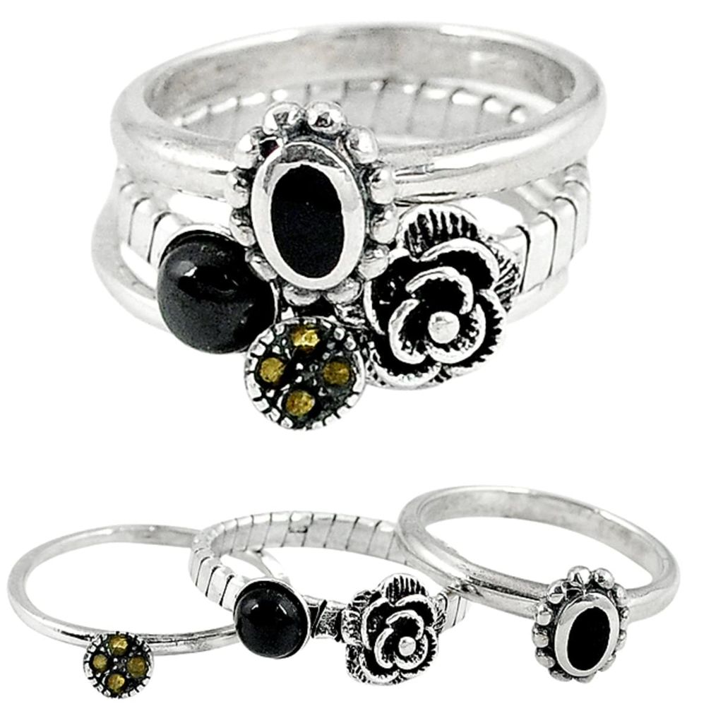 925 silver natural black onyx fine marcasite flower 3 ring size 7.5 a25971