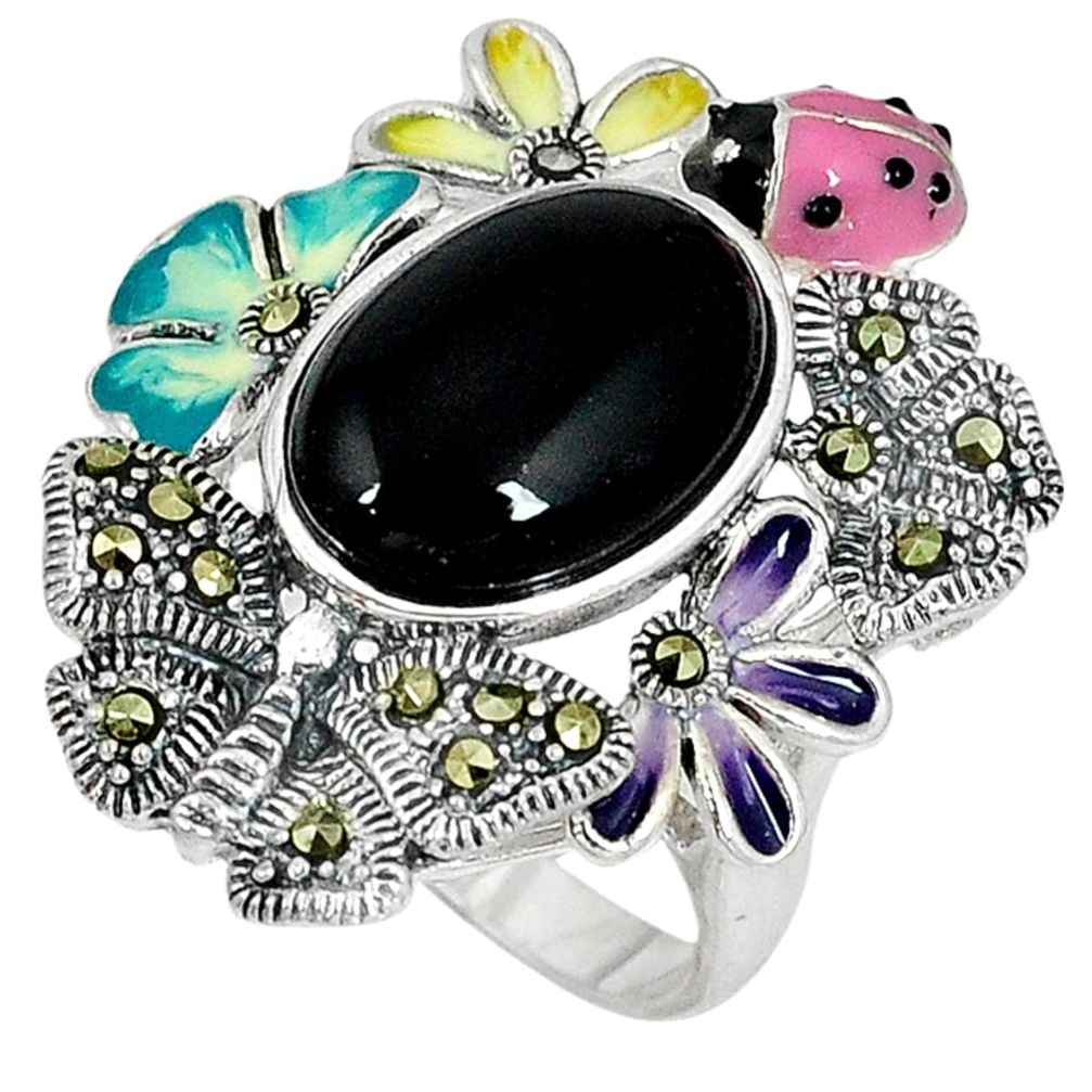 6.64cts natural black onyx marcasite enamel 925 silver ring size 8.5 a26026