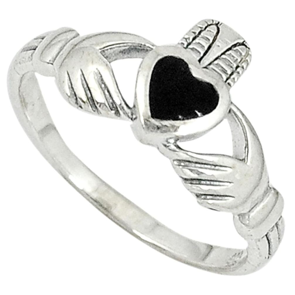 Celtic heart natural black onyx enamel 925 sterling silver ring size 8.5 a26109