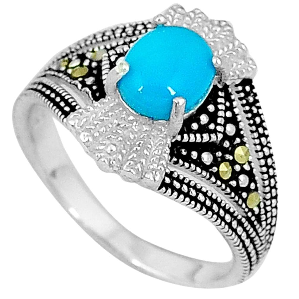 1.91cts blue sleeping beauty turquoise marcasite 925 silver ring size 7.5 a26139