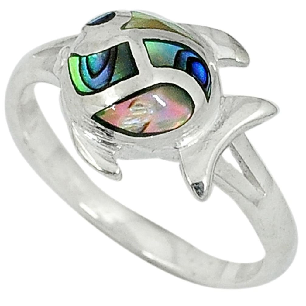 3.06gms natural green abalone paua seashell 925 silver fish ring size 7.5 a26375