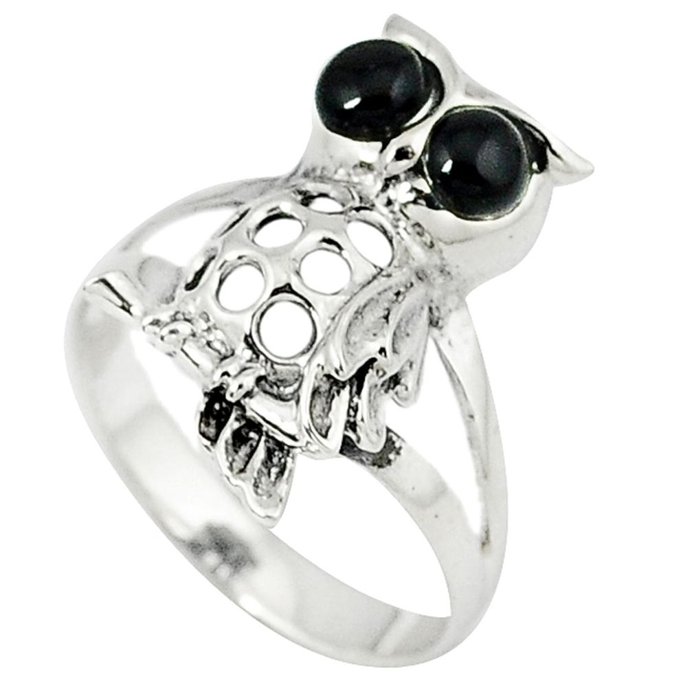 Natural black onyx round 925 sterling silver owl ring jewelry size 6.5 a28416