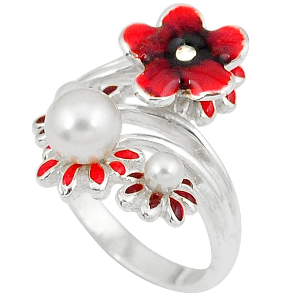 Natural white pearl enamel 925 sterling silver flower ring size 6.5 a29039