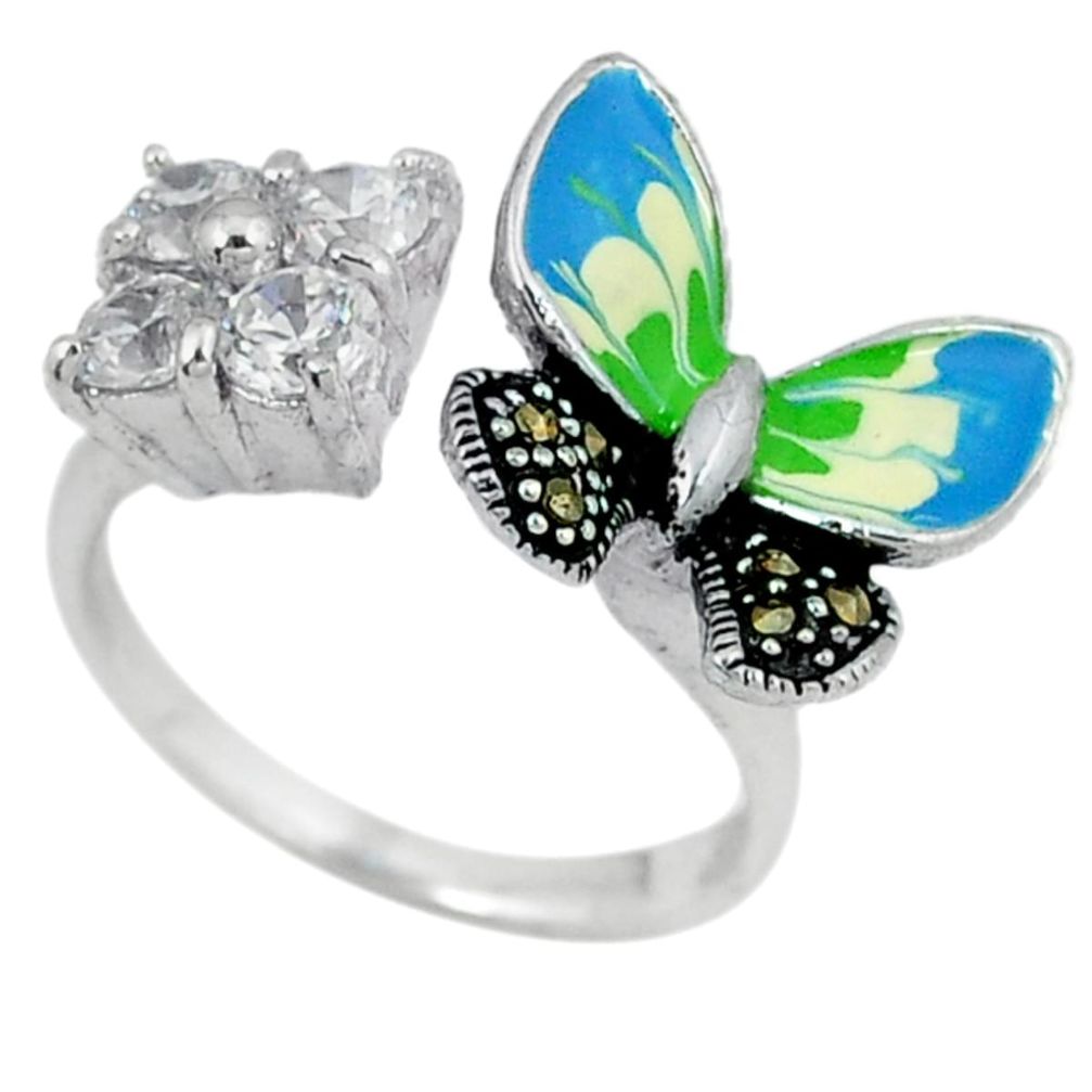 Natural white topaz marcasite butterfly 925 silver adjustable ring size 8 a29067