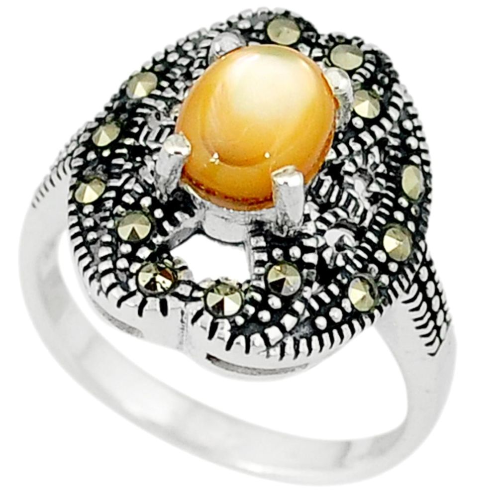 Natural yellow pearl marcasite 925 sterling silver ring jewelry size 7.5 a29092