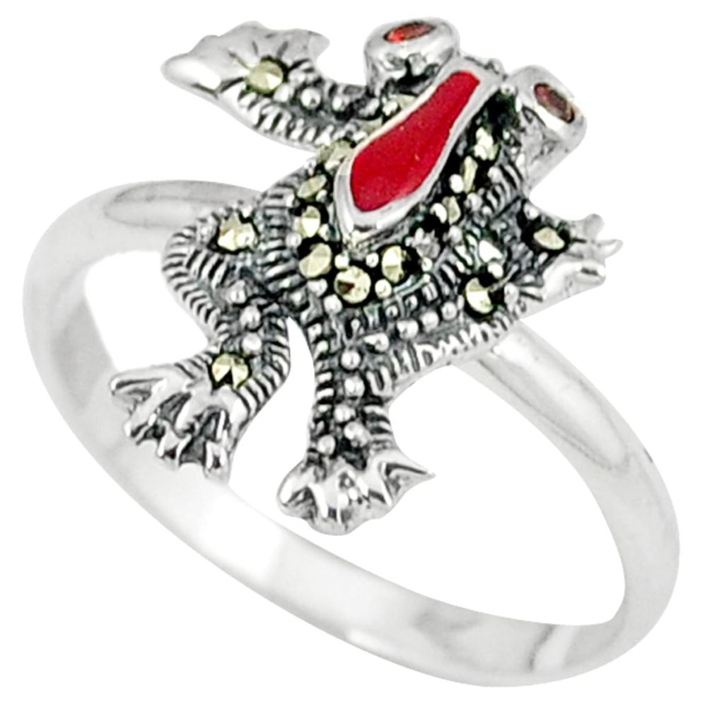 925 silver natural red garnet marcasite enamel frog ring jewelry size 8 a29096